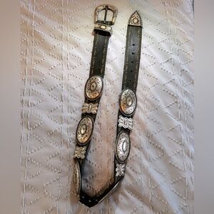 Vintage ADoppia Vita 85/32 Silver Concho Black Leather Belt, Made in Italy